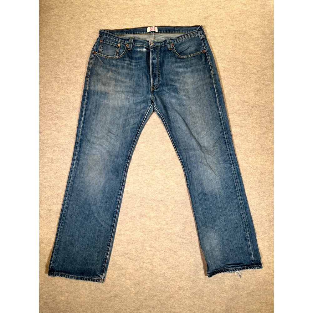 Levis 501 Straight‎ Leg Jeans Mens 38x32 Blue Denim Cotton Medium Wash Whiskers